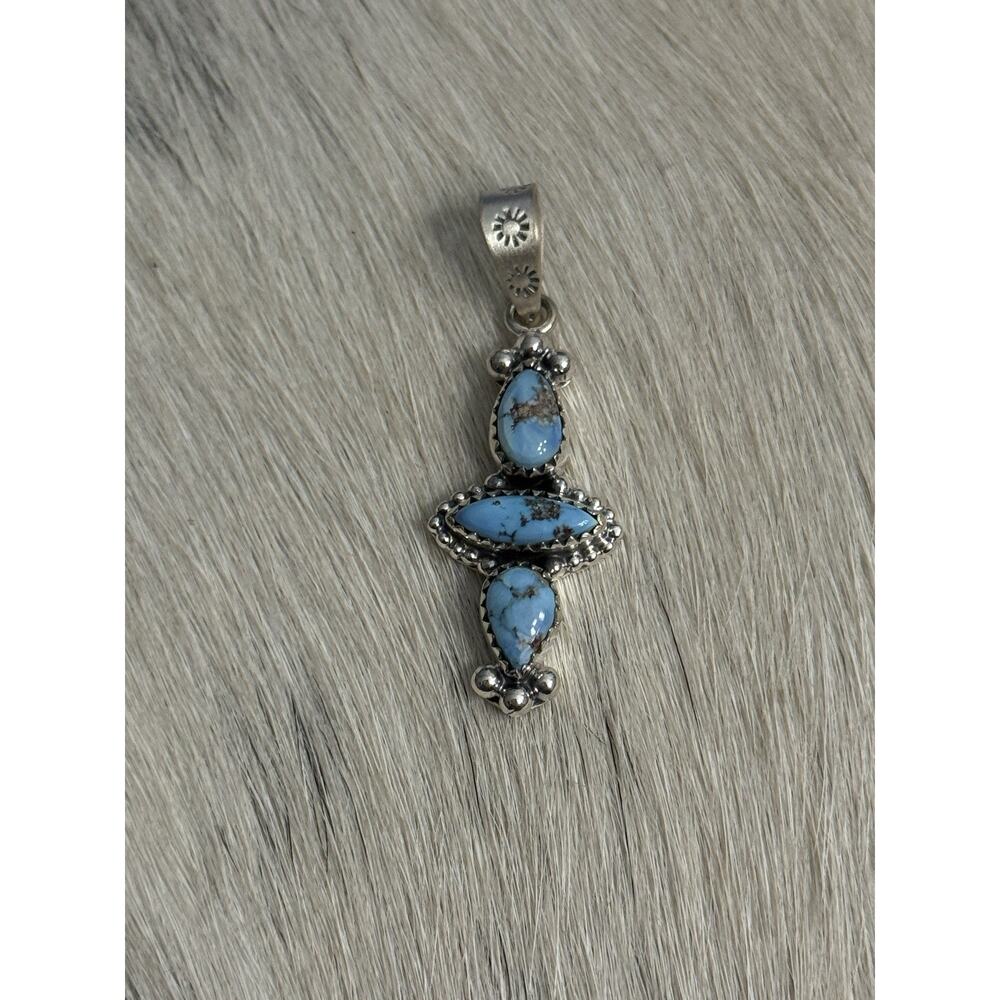 Sterling Silver Triple Blue Golden Hills Turquoise 3 Stone Pendant 925 Stamped